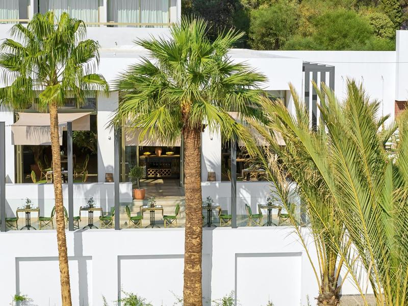 Vista della terrazza dell'hotel con ringhiera in vetro, sedie e palme.