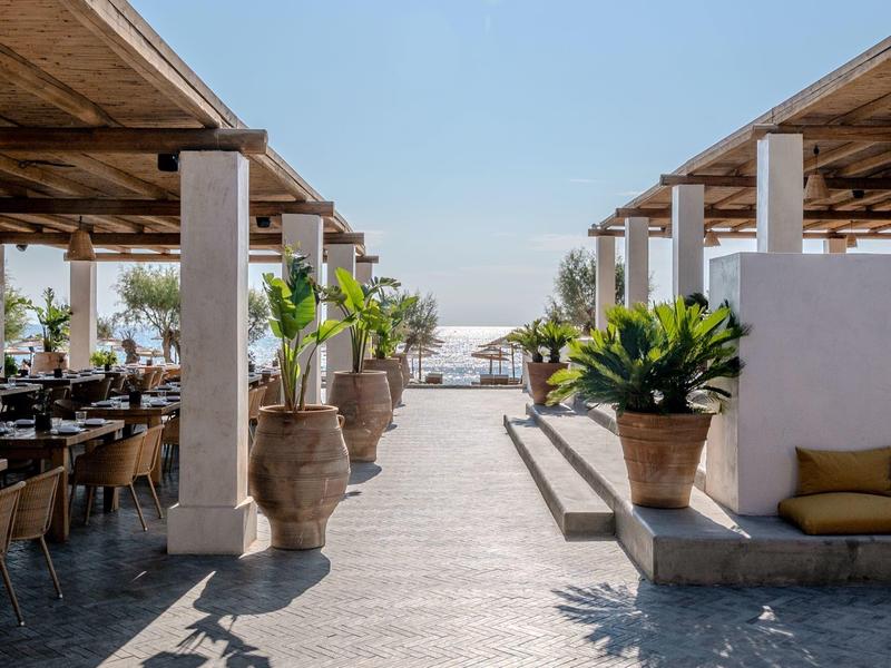 Area ristorante all'aperto con piante e posti a sedere lungo un sentiero all'aperto.