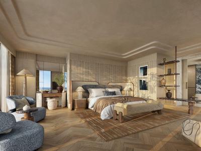 Chambre élégante avec grand lit, coin salon, grande fenêtre et accents de bois chaleureux.