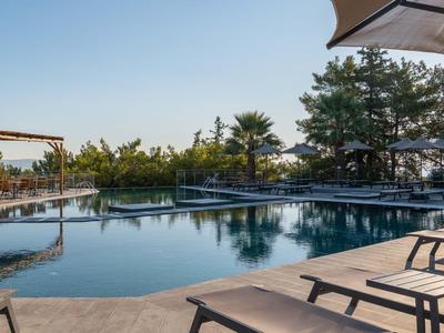 Basen na zewnątrz z leżakami i parasolem w spokojnym, zielonym otoczeniu.