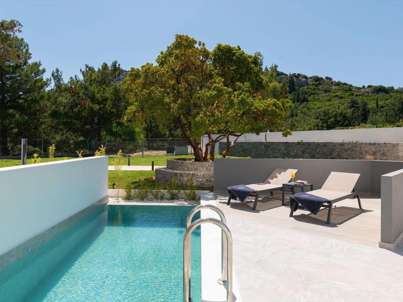 Nowoczesny basen na zewnątrz z leżakami i zielenią w tle w słoneczny dzień