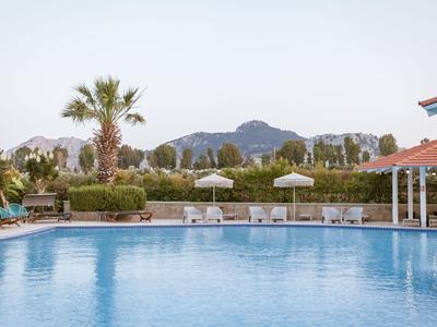 Grande piscine extérieure avec palmiers et paysage montagneux en arrière-plan sous un ciel clair.