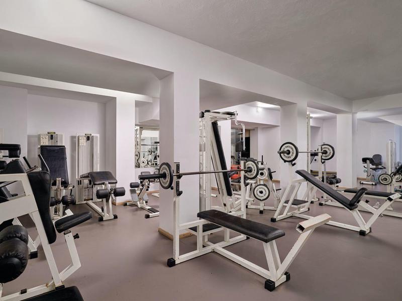 Modern gym with weight benches and dumbbells in a bright room