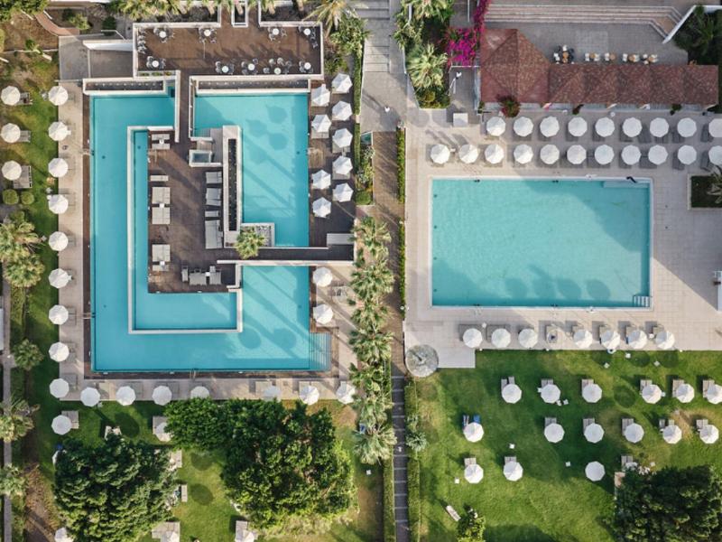 Aerial view of two swimming pools with loungers and umbrellas in a green area.