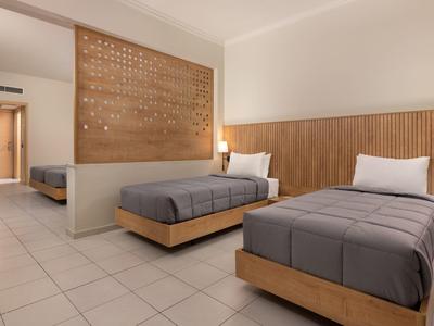 Due letti singoli in una stanza d'hotel pulita con pannelli di legno e lampade da parete.