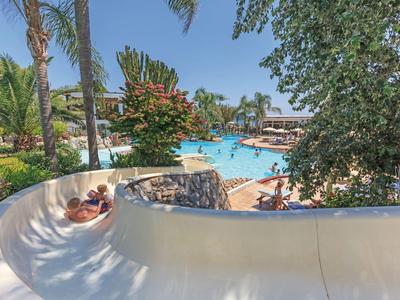 Wasserrutsche in einem sonnigen Schwimmbad mit Palmen, bunten Blumen und blauem Himmel.