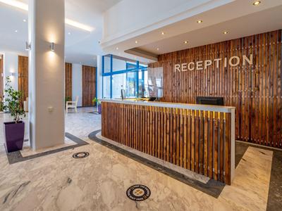 Vestíbulo de hotel luminoso con mostrador de recepción de madera y zona de espera al fondo.