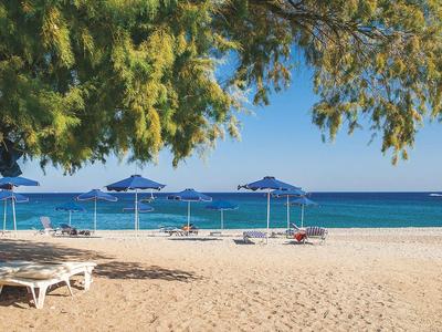 Sandy beach with sunbeds and blue umbrellas under a tree near the sea.