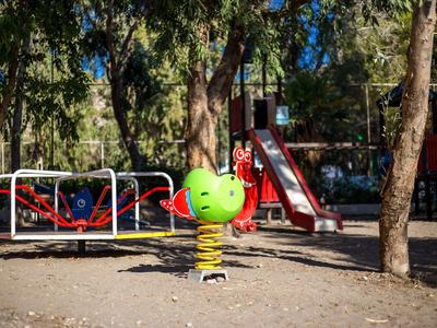 Playground with green spring rider, carousel, and red slide among trees.