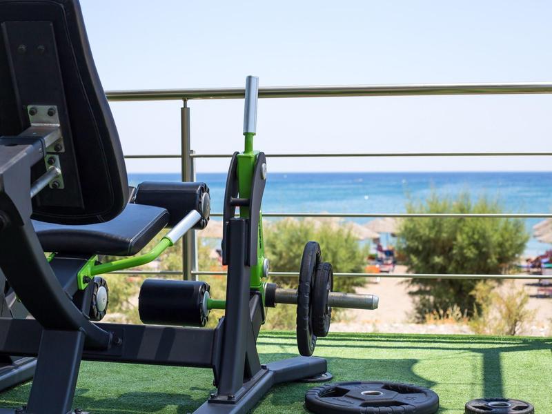 Exercise equipment on a terrace with green carpet overlooking the sea and beach in the background