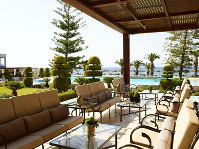 Zadaszony taras z sofami z widokiem na zadbany ogród i basen.