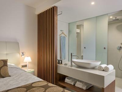 Modernes Hotelzimmer mit Bett und offenem Bad mit Waschbecken und Dusche.