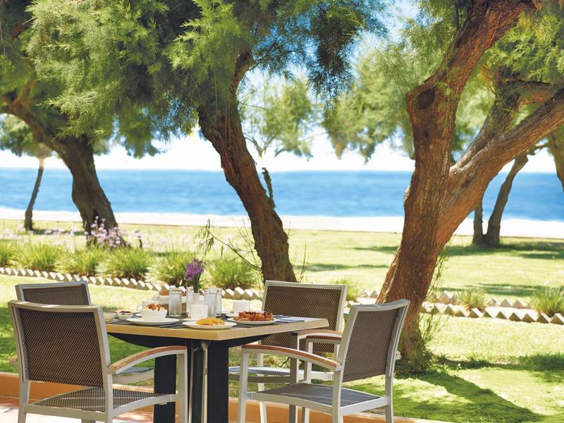Tavolo con sedie all'aperto sotto gli alberi con vista su una spiaggia e il mare.
