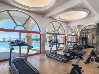 Bright gym with large arched windows overlooking the sea.