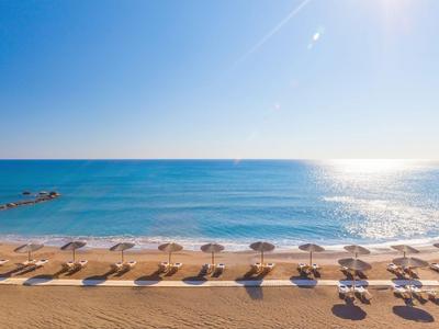 Beach with rows of umbrellas and loungers by calm sea under clear sky.