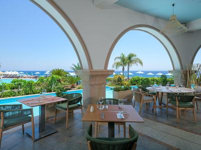 Covered terrace with tables and chairs, view of palm trees and blue sea