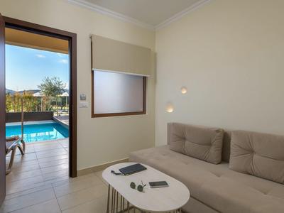 Helles Wohnzimmer mit brauem Sofa und Blick auf einen Pool im Freien.