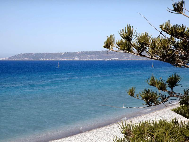 Strand mit klarem blauem Meer, grüne Kiefern im Vordergrund und Hügel im Hintergrund.