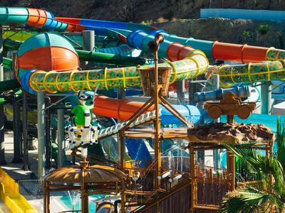 Vibrant water slide with colorful tubes and tropical decor in a water park.