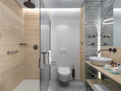 Modernes Badezimmer mit begehbarer Dusche, WC und Waschtisch mit Spiegel und Holzablage.