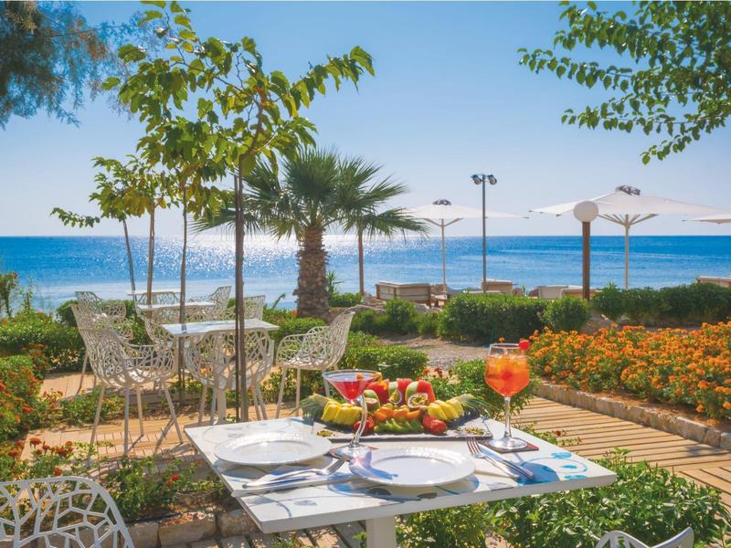 Tavolo esterno elegante con vista sul mare, vegetazione rigogliosa e sedie in metallo.