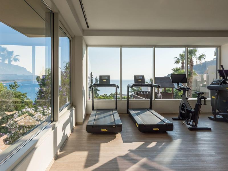 Fitnessruimte met loopbanden en zeezicht door grote ramen.