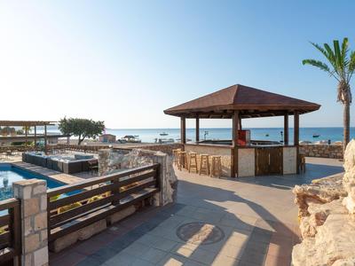 Zona exterior de un hotel con piscina, bar, palmeras y vista clara al mar bajo un cielo azul.