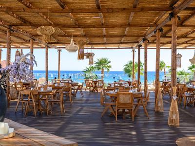 Bar de playa cubierta con muebles de madera, vista al mar y palmeras bajo cielo despejado.
