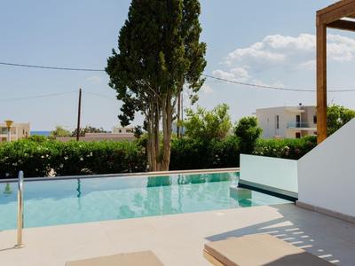 Moderner Pool mit klar blauem Wasser, umgeben von hellem Boden und grünen Pflanzen.