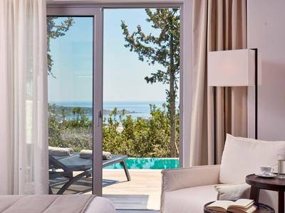 Vista da una camera su terrazza, piscina, alberi e mare sotto un cielo sereno.