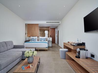 Camera d'hotel moderna con divano, letto matrimoniale, TV a parete e mobili in legno in un design luminoso