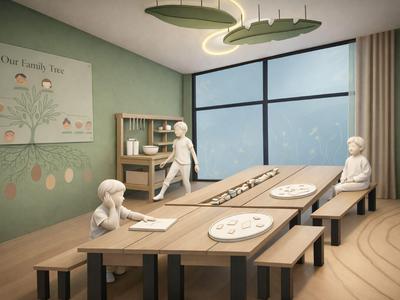 Ein moderner Klassenraum mit Sitzbank, Tischen und großen Fenstern mit Vorhängen.