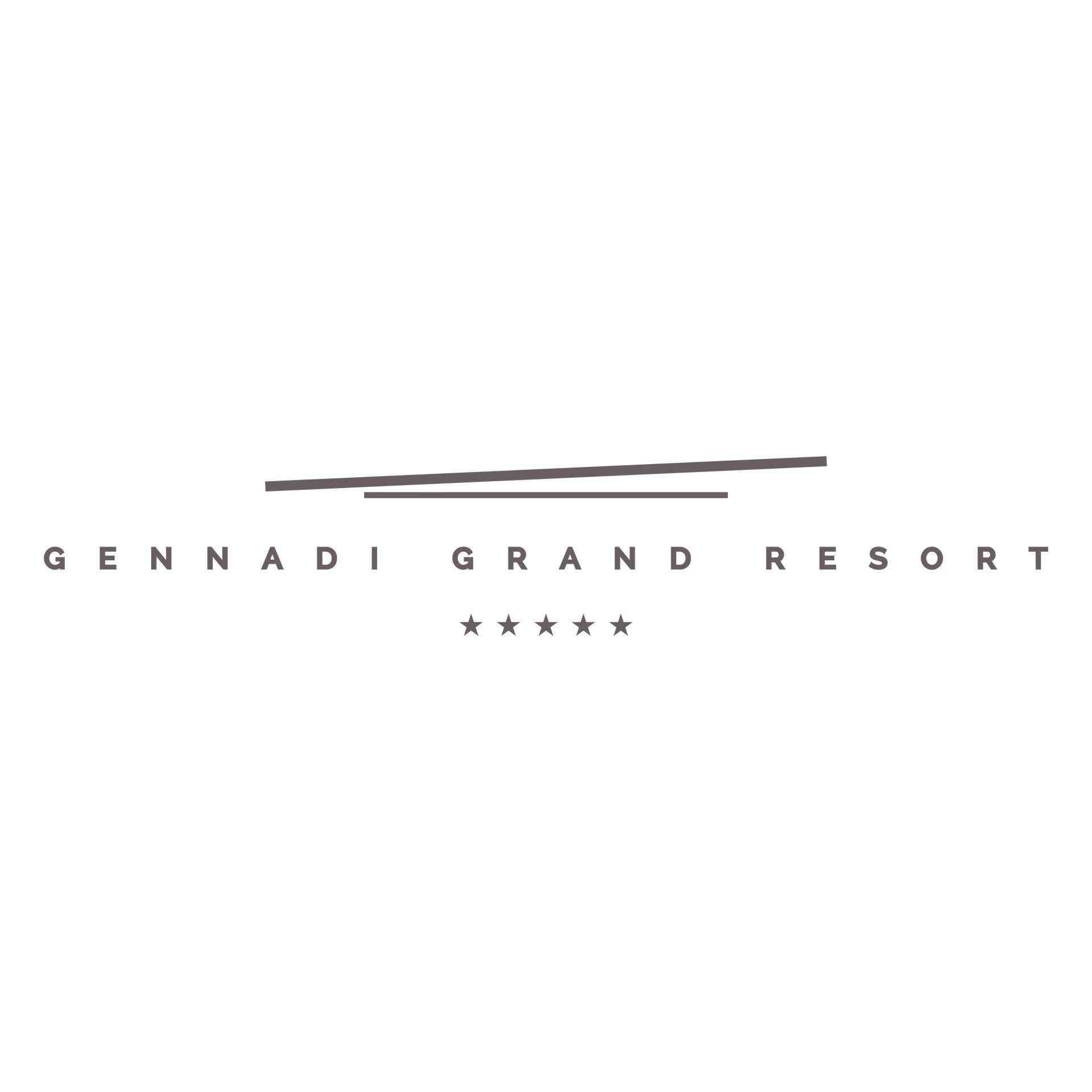 Logo des Gennadi Grand Resort mit stilisierter Linie und fünf Sternen darunter.