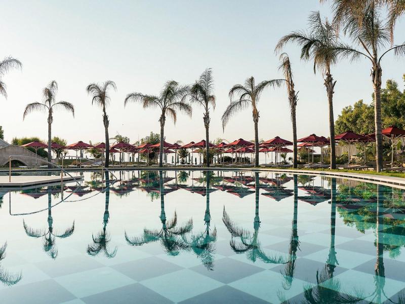 Una piscina esterna tranquilla con palme e lettini al tramonto.