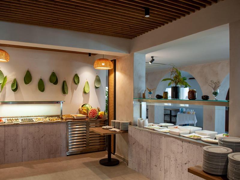 Recepción de hotel con mostrador de madera, decoración con plantas y lámparas colgantes, ambiente cálido.