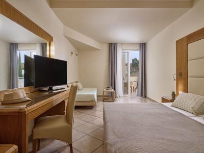 Comfortabele hotelkamer met groot bed, tv op houten bureau en balkon met natuurlijk licht.