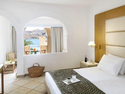 Modern hotelkamer met tweepersoonsbed, raam met zeezicht en helder minimalistisch ontwerp.