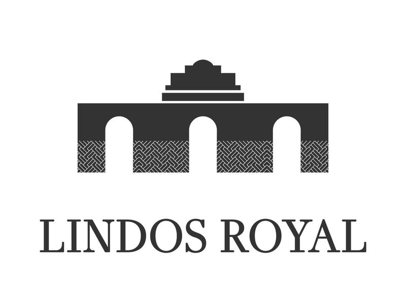 Zwart-wit logo van Lindos Royal met een boogstructuur en vetgedrukte tekst.