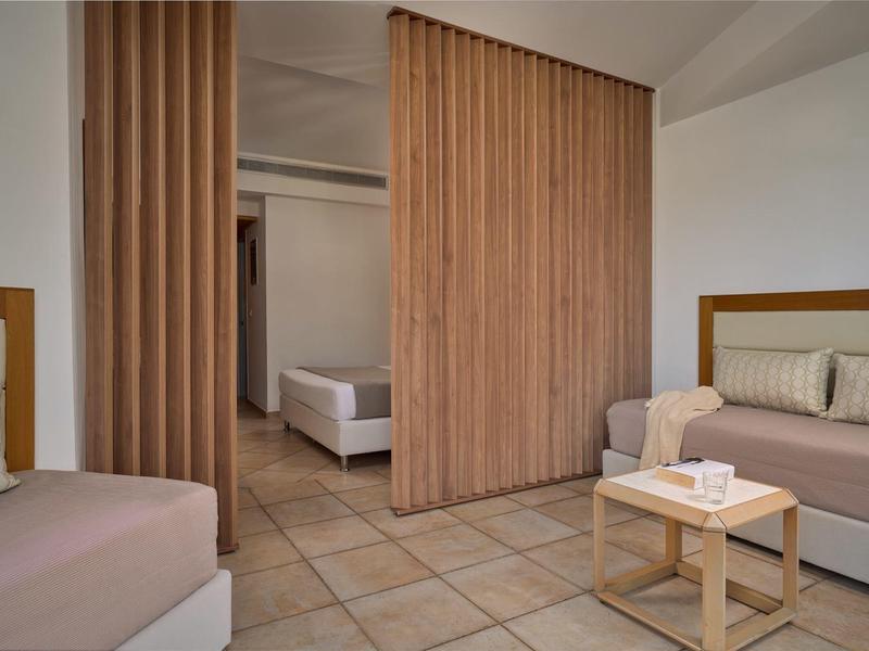 Moderne hotelkamer met bedden, bank, houten scheidingswand, betegelde vloer en klein tafeltje met doos tissues.