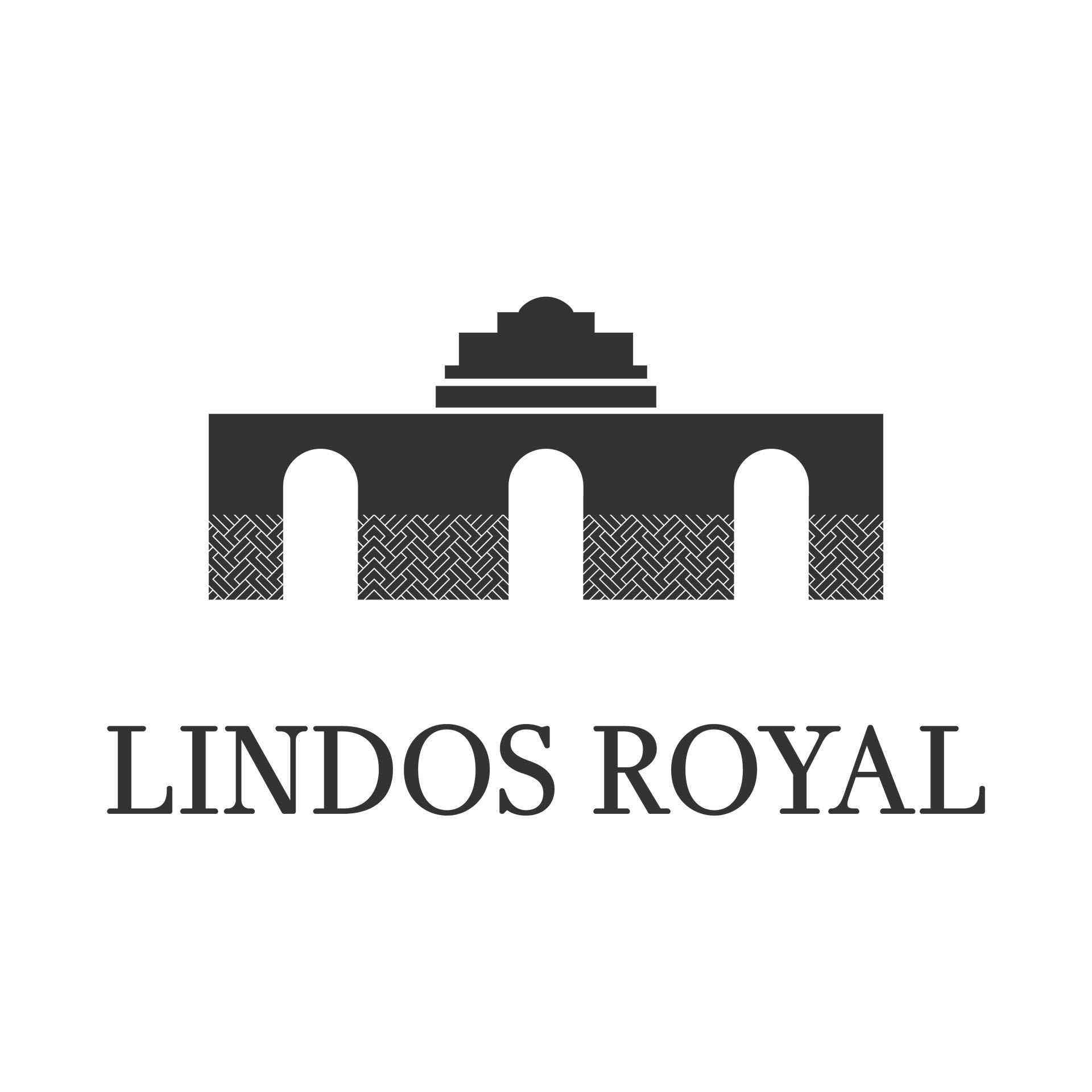 Schwarzes Logo mit Brückenbögen und stilisiertem Dach darüber, darunter "LINDOS ROYAL" in Großbuchstaben.