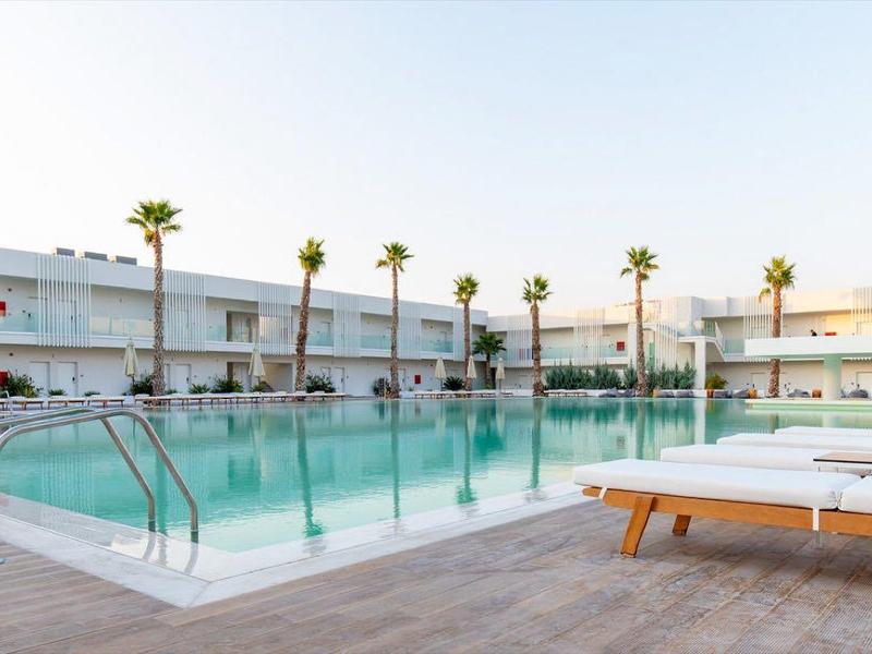 Nowoczesny basen z leżakami i palmami na tarasie hotelowym za dnia.