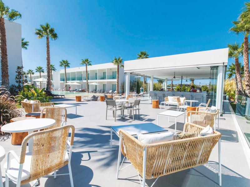 Nowoczesny taras hotelowy z miejscami do siedzenia i palmami pod czystym niebem.