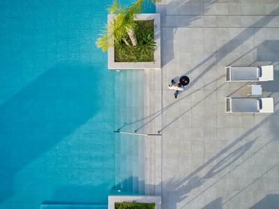 Vista aerea di un'area piscina con due lettini, piante e una persona sulla terrazza.