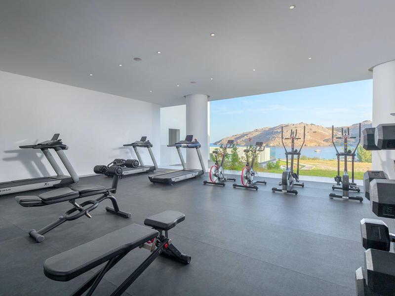 Palestra moderna con tapis roulant, pesi e vista su lago e montagne.