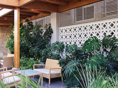Terraza cubierta con sillas, mesas y plantas frondosas junto a la pared