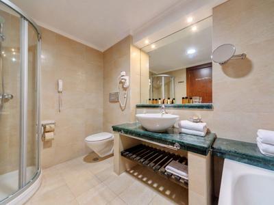 Baño de hotel con ducha de vidrio, inodoro, lavabo y toallas sobre encimera de mármol.