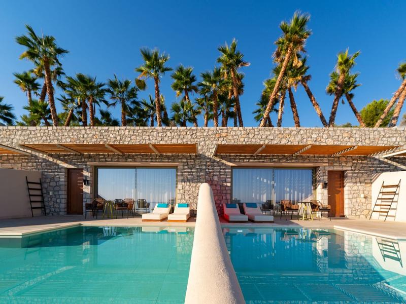 Piscine extérieure moderne avec espaces lounge ombragés entourés de palmiers