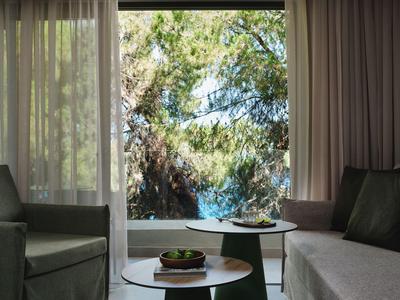 Hotel room with seating area, view of trees and sea through large windows.