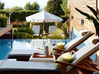 Pool area with lounge chairs, cushions, and umbrella in a serene garden setting