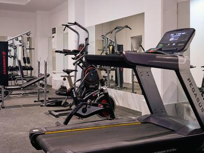 Moderner Fitnessraum mit Laufbändern, Ellipsentrainern und Kraftgeräten in einem Hotel.